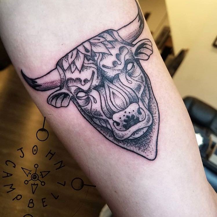 Black and Grey Bulls Head Tattoo - Bull City Durham, NC.